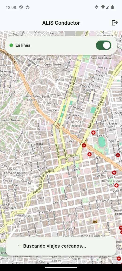 App ALIS en modo conductor, en línea sobre el mapa de Cúcuta